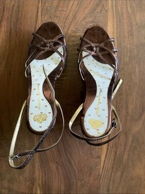 Brown Open-Toe Strappy Heels with Gold Accent